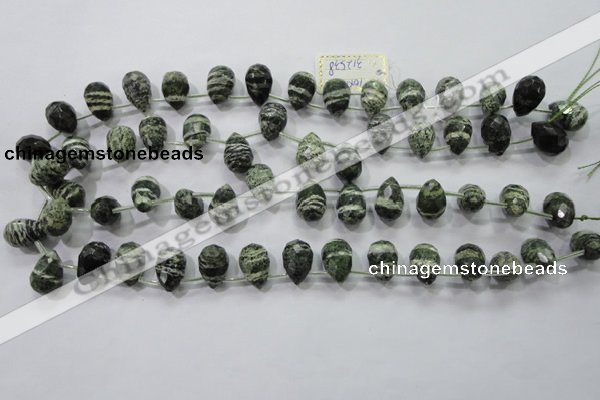 CSJ86 Top-drilled 10*14mm faceted teardrop green silver line jasper beads