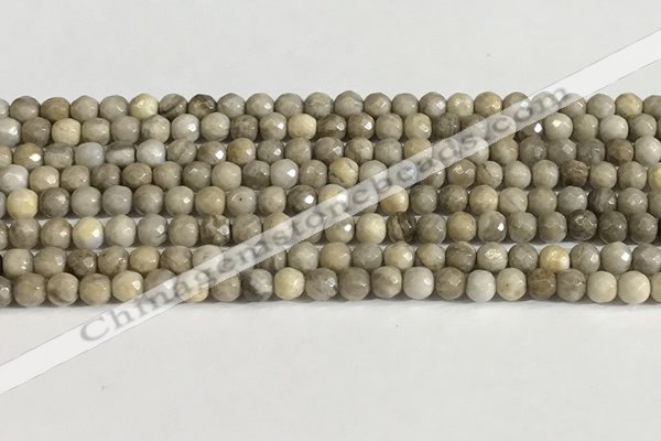 CSL156 15.5 inches 4mm faceted 

round sliver leaf jasper beads