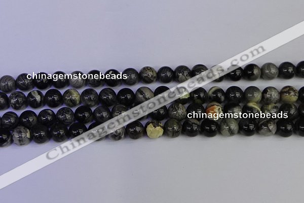 CSL213 15.5 inches 10mm round black silver leaf jasper beads