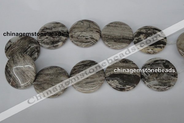 CSL37 15.5 inches 40mm flat round silver leaf jasper beads wholesale