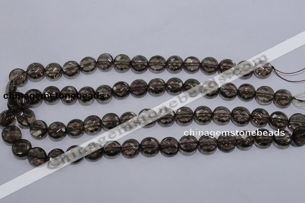 CSQ124 12mm faceted flat round grade AA natural smoky quartz beads