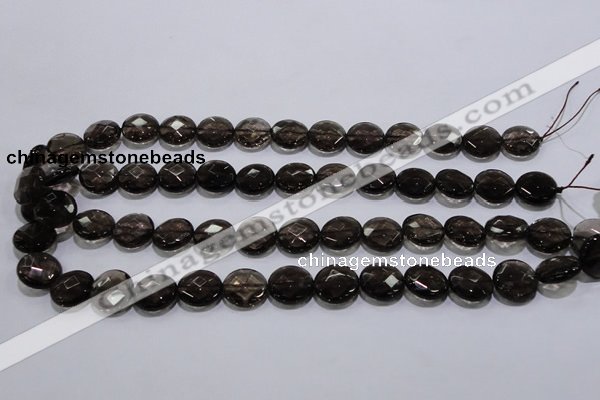 CSQ125 15.5 inches 14mm faceted flat round grade AA natural smoky quartz beads