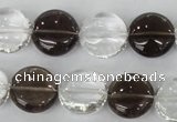 CSQ151 15.5 inches 15mm flat round white crystal & smoky quartz beads