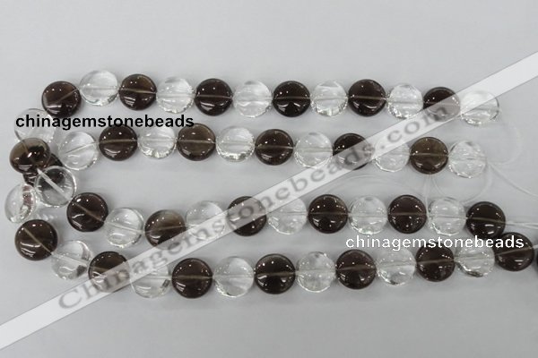 CSQ151 15.5 inches 15mm flat round white crystal & smoky quartz beads