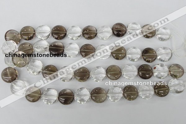 CSQ152 15.5 inches 18mm flat round white crystal & smoky quartz beads