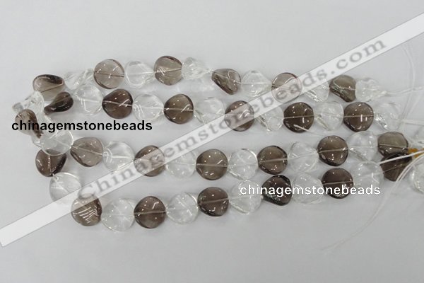 CSQ153 15.5 inches 16mm twisted coin white crystal & smoky quartz beads