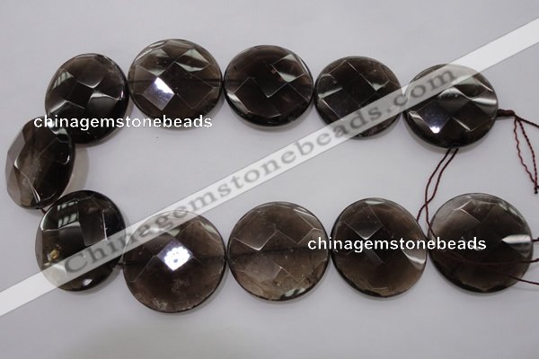 CSQ222 15.5 inches 35mm faceted coin grade AA natural smoky quartz beads