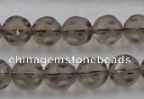 CSQ253 15.5 inches 12mm carved round matte smoky quartz beads