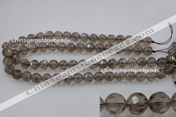 CSQ253 15.5 inches 12mm carved round matte smoky quartz beads
