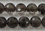 CSQ254 15.5 inches 14mm carved round matte smoky quartz beads