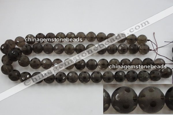 CSQ254 15.5 inches 14mm carved round matte smoky quartz beads