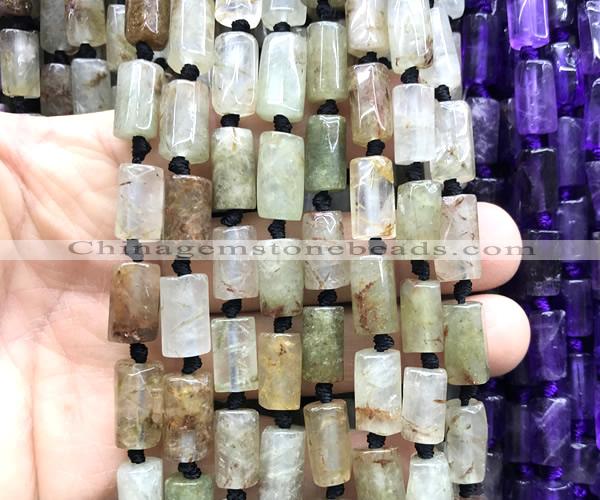 CTB1209 8*12mm - 8*14mm faceted tube green rutilated quartz beads