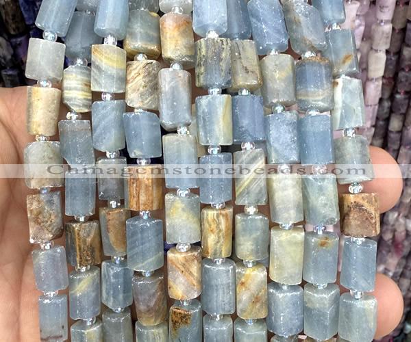 CTB1291 15 inches 6*10mm - 8*12mm faceted tube blue calcite beads