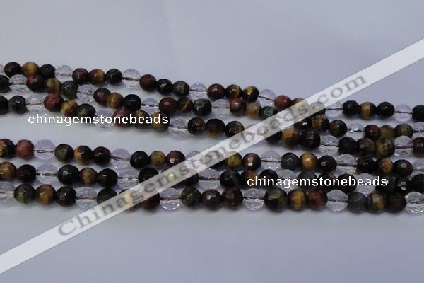 CTE1131 15 inches 6mm faceted round mixed tiger eye & white crystal beads