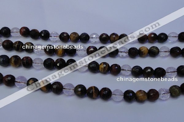 CTE1132 15 inches 8mm faceted round mixed tiger eye & white crystal beads