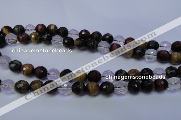 CTE1133 15 inches 10mm faceted round mixed tiger eye & white crystal beads