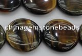 CTE1351 15.5 inches 25mm flat round yellow & blue tiger eye beads