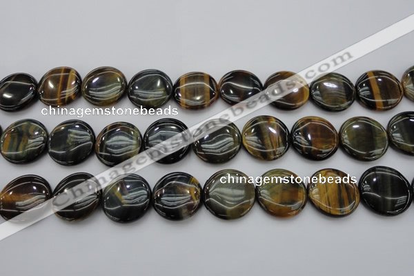 CTE1351 15.5 inches 25mm flat round yellow & blue tiger eye beads