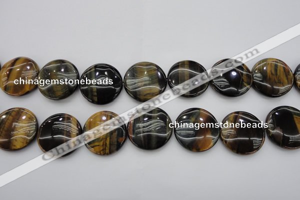 CTE1352 15.5 inches 30mm flat round yellow & blue tiger eye beads