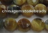 CTE1574 15.5 inches 12mm faceted coin golden & blue tiger eye beads