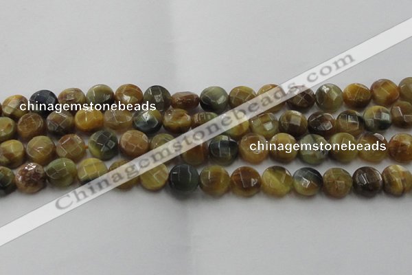 CTE1574 15.5 inches 12mm faceted coin golden & blue tiger eye beads