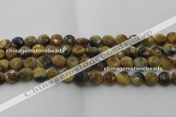 CTE1575 15.5 inches 14mm faceted coin golden & blue tiger eye beads