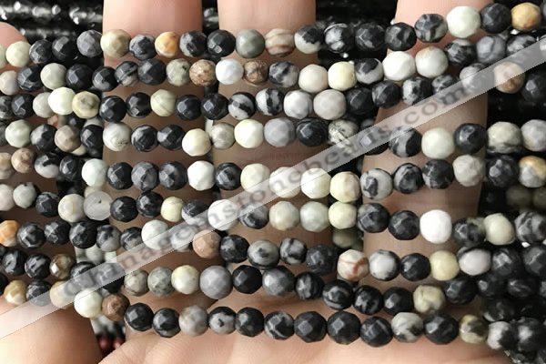 CTG3563 15.5 inches 4mm faceted round black picasso jasper beads