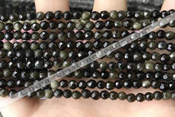 CTG3587 15.5 inches 4mm faceted round golden obsidian beads