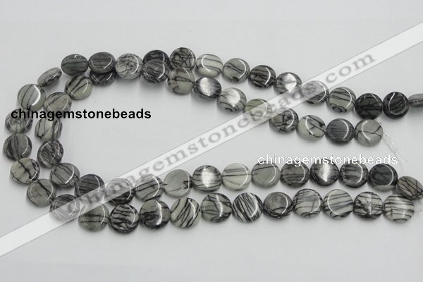 CTJ07 16 inches 14mm flat round black water jasper beads wholesale