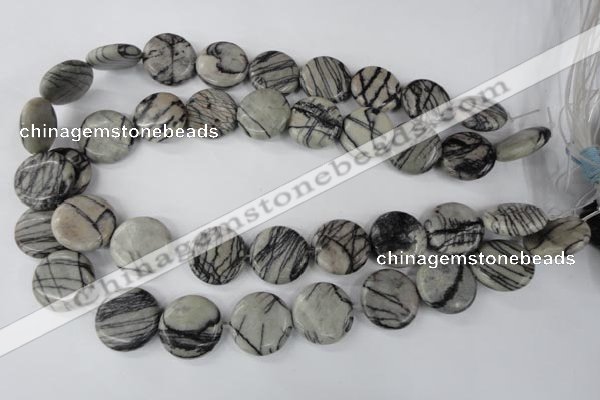 CTJ208 15.5 inches 20mm flat round black water jasper beads wholesale