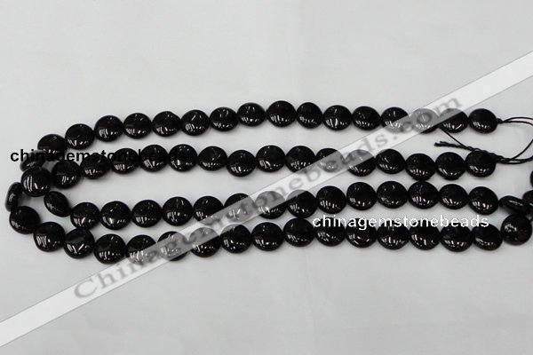 CTO128 15.5 inches 12mm flat round black tourmaline beads