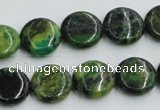 CTP08 15.5 inches 14mm flat round yellow green pine gemstone beads