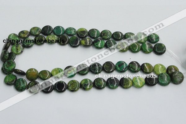 CTP08 15.5 inches 14mm flat round yellow green pine gemstone beads