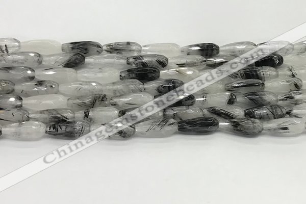 CTR155 15.5 inches 6*16mm faceted teardrop black rutilated quartz beads