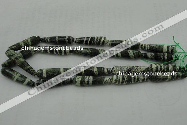 CTR53 15.5 inches 10*40mm faceted teardrop green silver line jasper beads