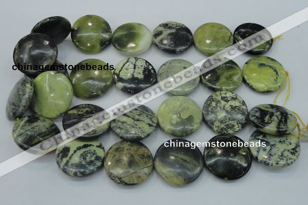 CWB101 15.5 inches 30mm flat round yellow howlite turquoise beads