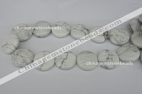 CWB65 15.5 inches 30mm carved coin natural white howlite beads