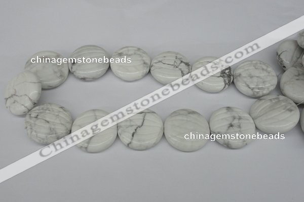 CWB65 15.5 inches 30mm carved coin natural white howlite beads