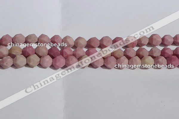 CWF33 12mm faceted nuggets matte pink wooden fossil jasper beads