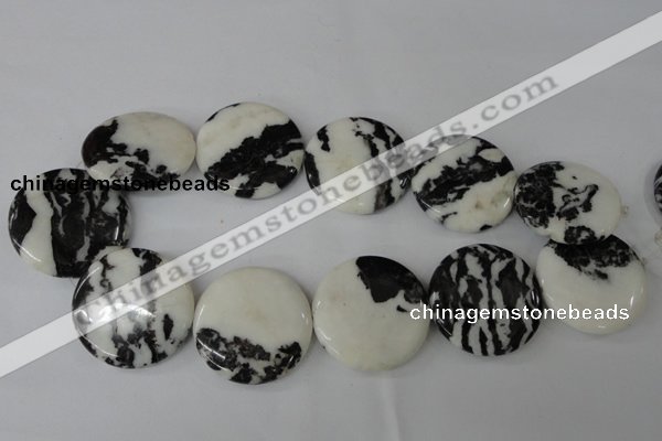 CZJ225 15.5 inches 35mm flat round black & white zebra jasper beads