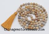 GMN1006 Hand-knotted 8mm, 10mm matte fossil coral 108 beads mala necklaces with tassel