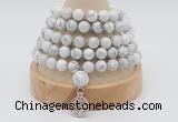 GMN1245 Hand-knotted 8mm, 10mm white howlite 108 beads mala necklaces with charm