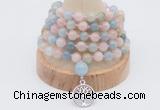 GMN1254 Hand-knotted 8mm, 10mm morganite 108 beads mala necklaces with charm