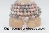 GMN1262 Hand-knotted 8mm, 10mm pink zebra jasper 108 beads mala necklaces with charm