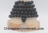 GMN1275 Hand-knotted 8mm, 10mm black lava 108 beads mala necklaces with charm