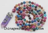 GMN1422 Hand-knotted 8mm, 10mm colorfull banded agate 108 beads mala necklace with pendant