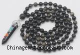 GMN1475 Hand-knotted 8mm, 10mm golden obsidian 108 beads mala necklace with pendant