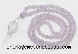 GMN1552 Knotted 8mm, 10mm lavender amethyst 108 beads mala necklace with pendant