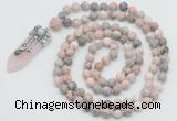GMN1555 Knotted 8mm, 10mm pink zebra jasper 108 beads mala necklace with pendant
