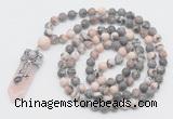 GMN1556 Knotted 8mm, 10mm pink zebra jasper 108 beads mala necklace with pendant